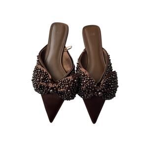 HM Women's Pointed Toe Mules Dark Chocolate Pearl Bow Shoes Occident Boho Indie